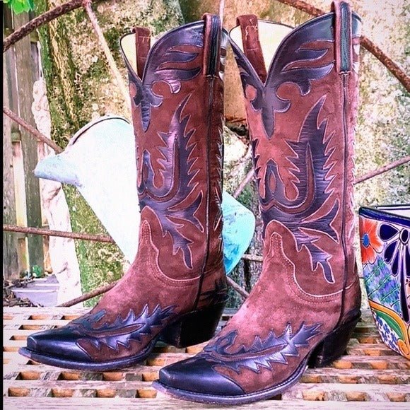 LUCCHESE Classics Handmade Vintage Tall Black Brown Leather Western Cowgirl Cowboy Boots - Botablu