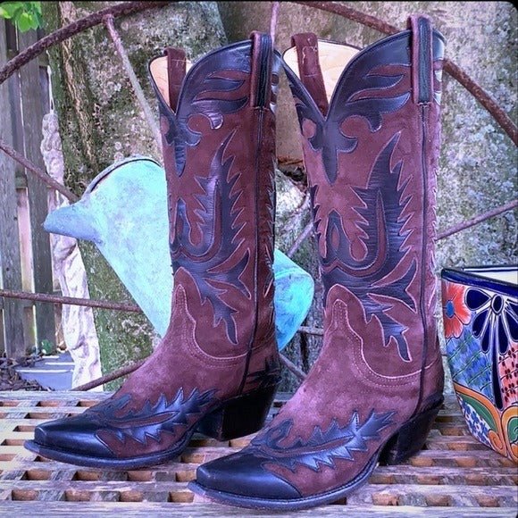 LUCCHESE Classics Handmade Vintage Tall Black Brown Leather Western Cowgirl Cowboy Boots - Botablu