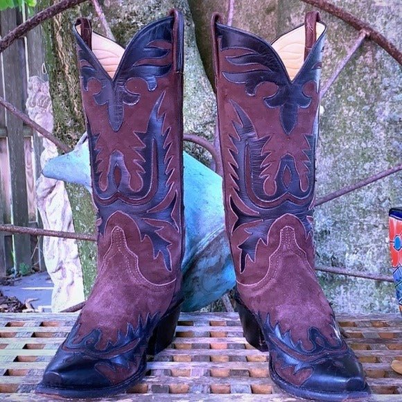 LUCCHESE Classics Handmade Vintage Tall Black Brown Leather Western Cowgirl Cowboy Boots - Botablu