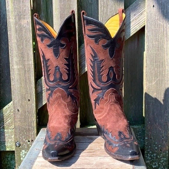 LUCCHESE Classics Handmade Vintage Tall Black Brown Leather Western Cowgirl Cowboy Boots - Botablu