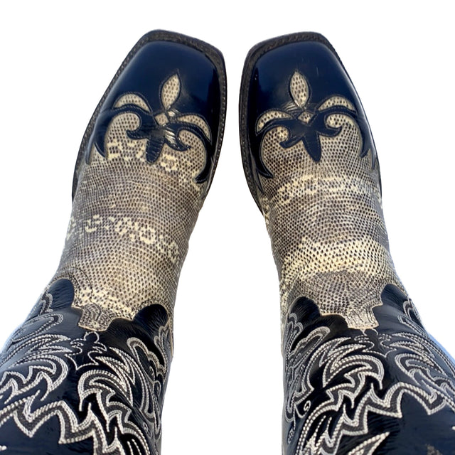 LUCCHESE Cowgirl Ring Lizard Exotic Handmade Tall Black Leather Western Cowgirl Cowboy Boots - Botablu
