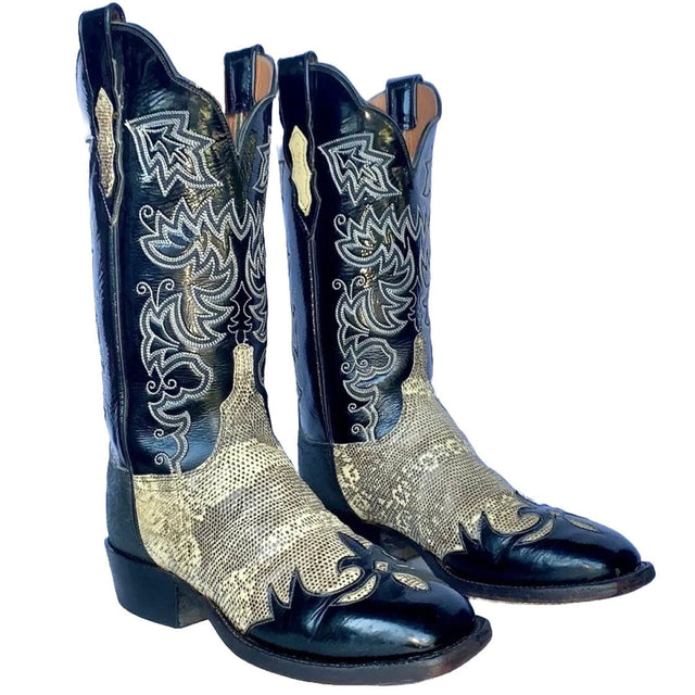 LUCCHESE Cowgirl Ring Lizard Exotic Handmade Tall Black Leather Western Cowgirl Cowboy Boots - Botablu