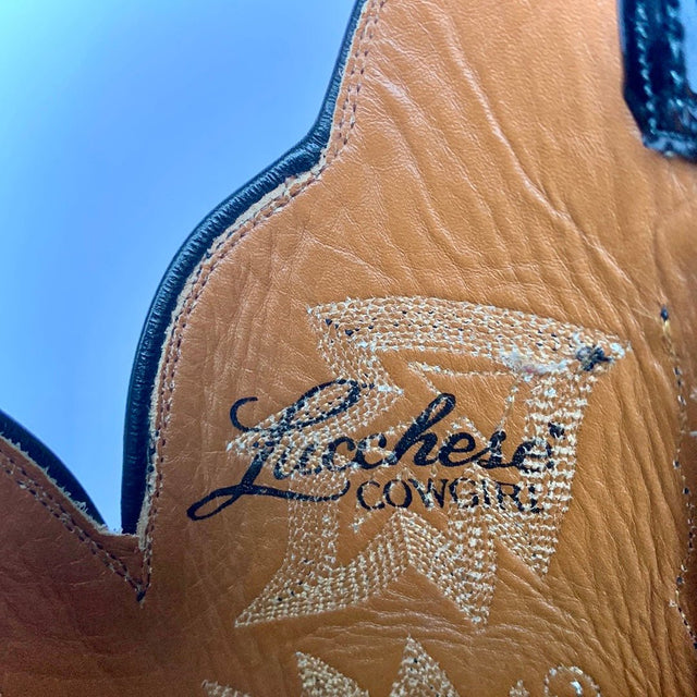 LUCCHESE Cowgirl Ring Lizard Exotic Handmade Tall Black Leather Western Cowgirl Cowboy Boots - Botablu