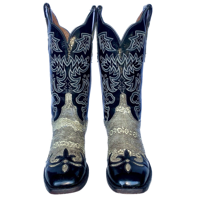 LUCCHESE Cowgirl Ring Lizard Exotic Handmade Tall Black Leather Western Cowgirl Cowboy Boots - Botablu