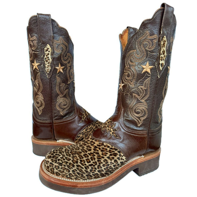 LUCCHESE Leopard Hair On Crepe Sole Brown Western Cowboy Boots - Botablu