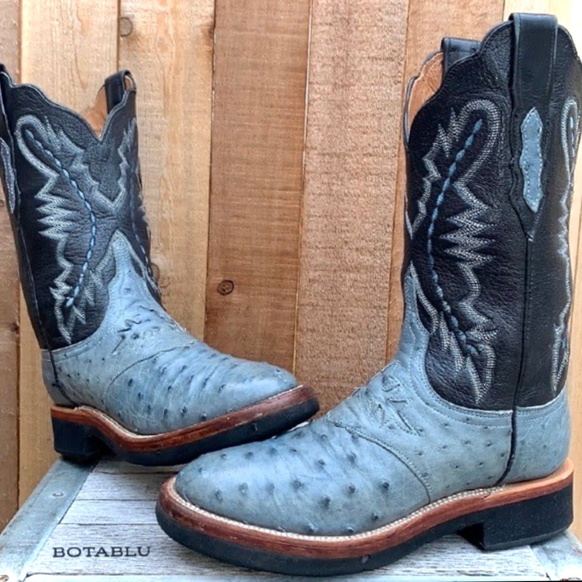 LUCCHESE Ostrich Crepe Sole Roper Blue Black Cowboy Western Boots – Botablu