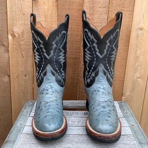 LUCCHESE Ostrich Exotic Crepe Sole Roper Blue Black Cowgirl Cowboy Western Boots - Botablu