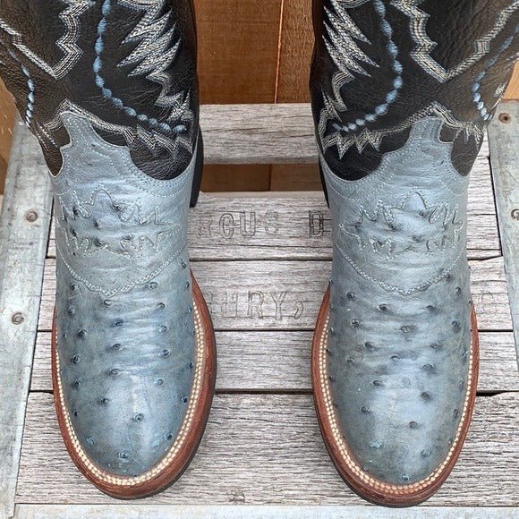 LUCCHESE Ostrich Exotic Crepe Sole Roper Blue Black Cowgirl Cowboy Western Boots - Botablu