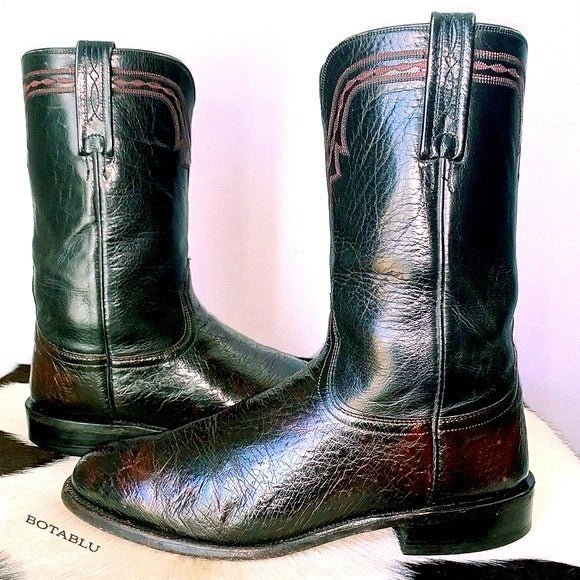 LUCCHESE Ostrich Exotic Leather Black Cherry Roper Cowboy Western Boots - Botablu