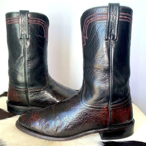 LUCCHESE Ostrich Exotic Leather Black Cherry Roper Cowboy Western Boots - Botablu