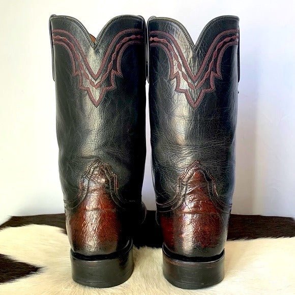 LUCCHESE Ostrich Exotic Leather Black Cherry Roper Cowboy Western Boots - Botablu