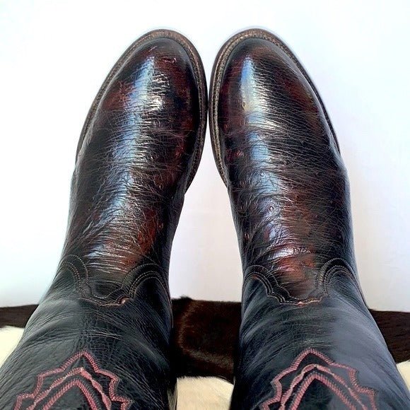 LUCCHESE Ostrich Exotic Leather Black Cherry Roper Cowboy Western Boots - Botablu