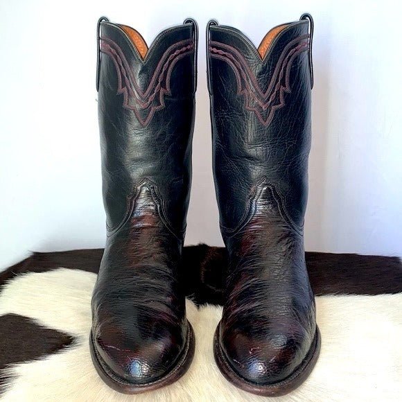 LUCCHESE Ostrich Exotic Leather Black Cherry Roper Cowboy Western Boots - Botablu