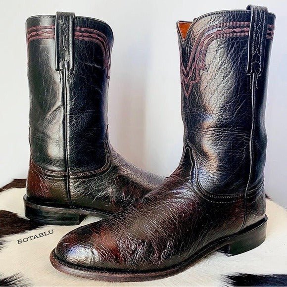LUCCHESE Ostrich Exotic Leather Black Cherry Roper Cowboy Western Boots - Botablu