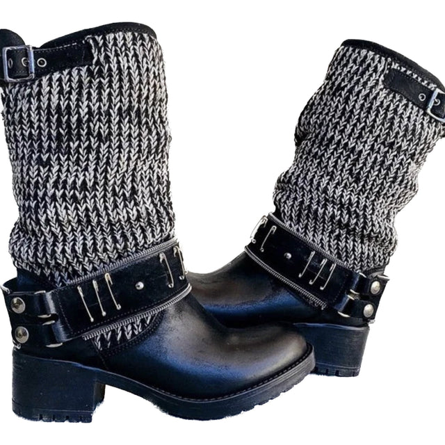 LUISA MIRANDA ITALIA Harness Chunky Lug Sole Slouch Black Biker Moto Boots - Botablu