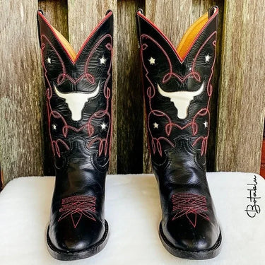 JUSTIN Vintage Steer Head Inlay Short Cowgirl Cowboy Western Boots