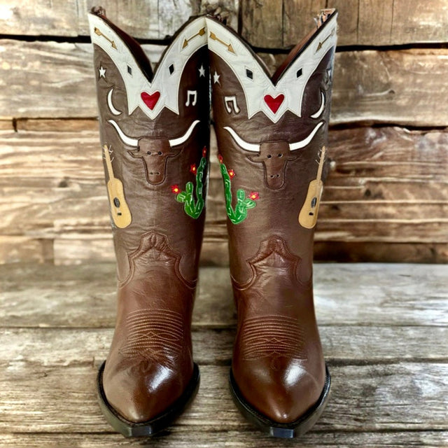 MONTANA Vintage Longhorn Cactus Guitar Leather Cowboy Boots - Botablu