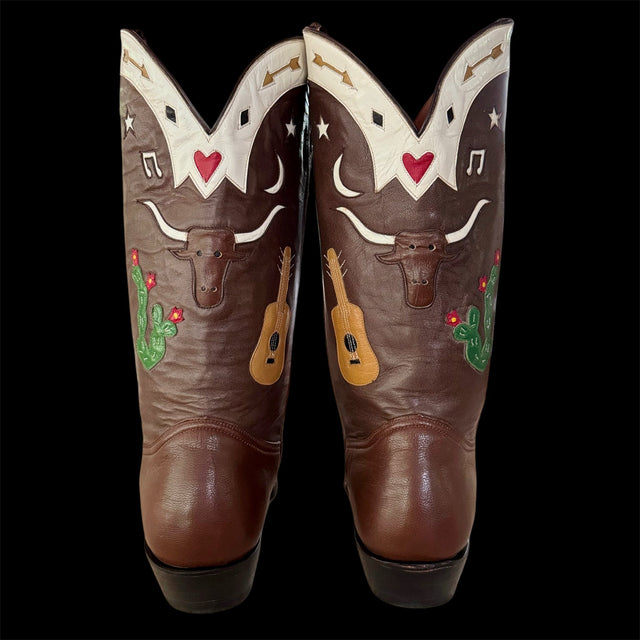 MONTANA Vintage Longhorn Cactus Guitar Leather Cowboy Boots - Botablu