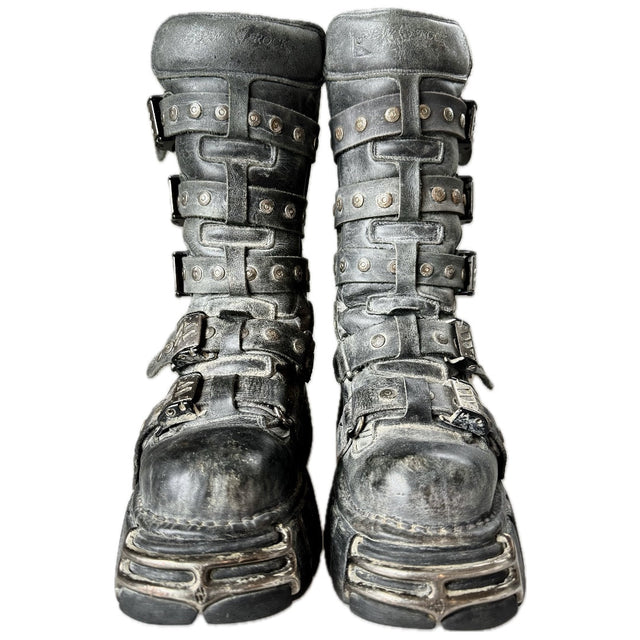 NEW ROCK Vintage Platform Buckle Black Biker Motorcycle Boots - Botablu