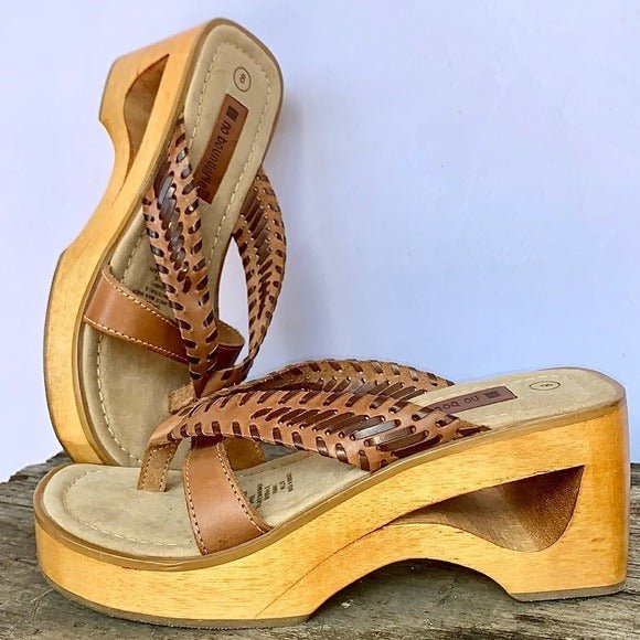 NO BOUNDARIES Vintage Y2K Wooden Platform Chunky Genuine Brown Leather Sandals - Botablu