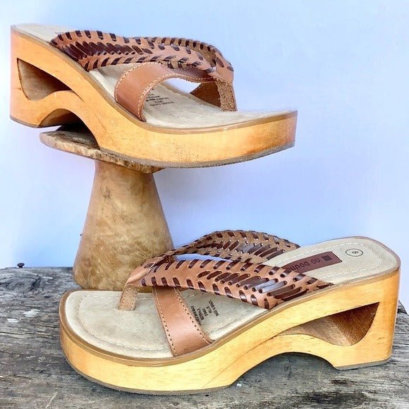 NO BOUNDARIES Vintage Y2K Wooden Platform Chunky Genuine Brown Leather Sandals - Botablu