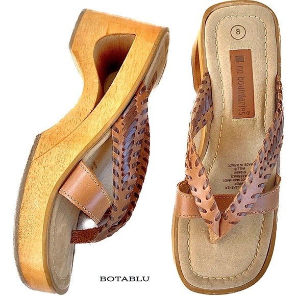 NO BOUNDARIES Vintage Y2K Wooden Platform Chunky Genuine Brown Leather Sandals - Botablu