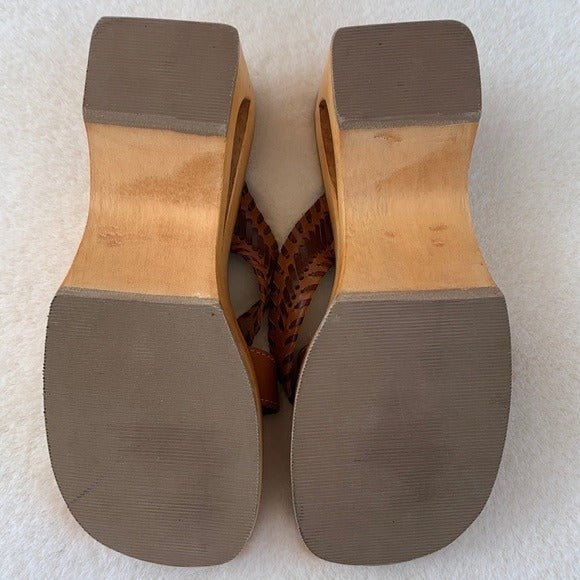 NO BOUNDARIES Vintage Y2K Wooden Platform Chunky Genuine Brown Leather Sandals - Botablu