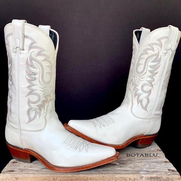 NOCONA Vintage White Leather Cowgirl Cowboy Western Boots - Botablu