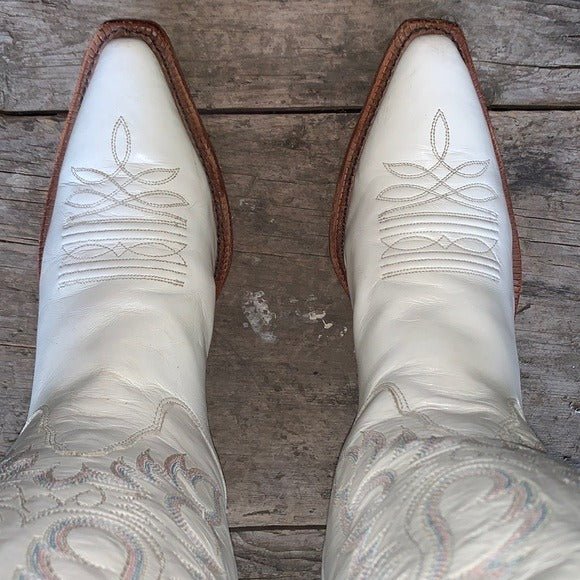 NOCONA Vintage White Leather Cowgirl Cowboy Western Boots - Botablu