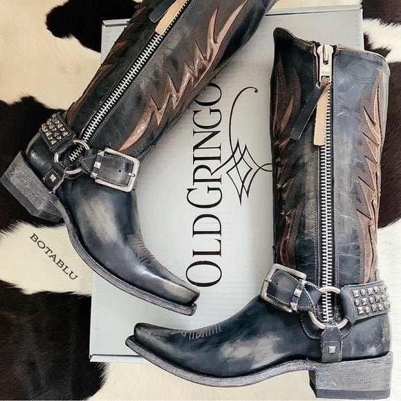 OLD GRINGO Aileen Black Studded Harness Tall Biker Moto Cowgirl Cowboy Boots - Botablu