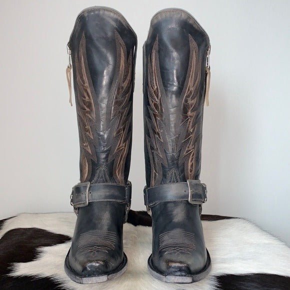 OLD GRINGO Aileen Black Studded Harness Tall Biker Moto Cowgirl Cowboy Boots - Botablu