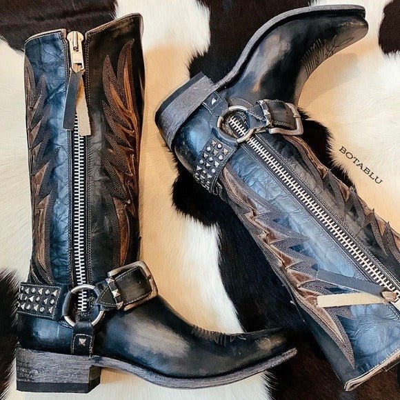 OLD GRINGO Aileen Black Studded Harness Tall Biker Moto Cowgirl Cowboy Boots - Botablu