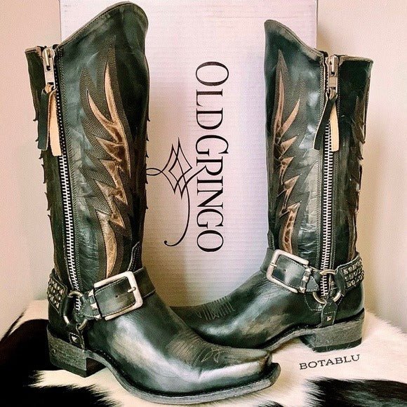 OLD GRINGO Aileen Black Studded Harness Tall Biker Moto Cowgirl Cowboy Boots - Botablu