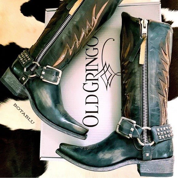 OLD GRINGO Aileen Black Studded Harness Tall Biker Moto Cowgirl Cowboy Boots - Botablu