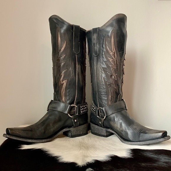 OLD GRINGO Aileen Black Studded Harness Tall Biker Moto Cowgirl Cowboy Boots - Botablu