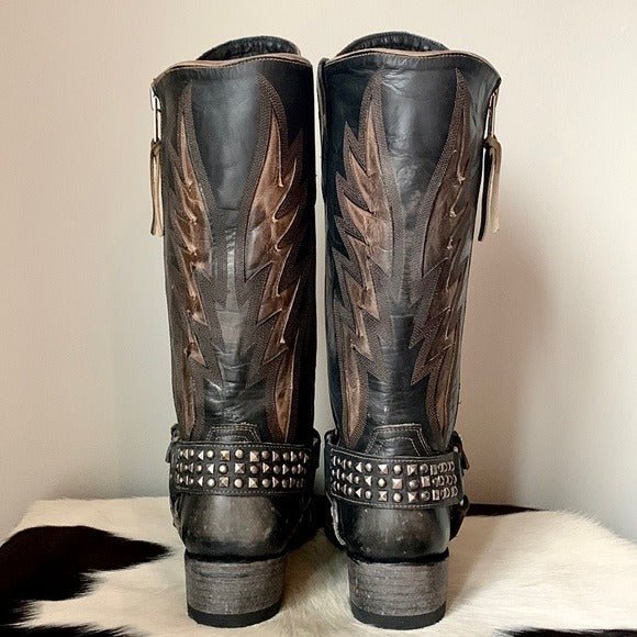 OLD GRINGO Aileen Black Studded Harness Tall Biker Moto Cowgirl Cowboy Boots - Botablu