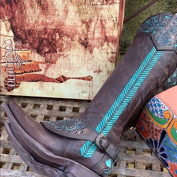 OLD GRINGO Aster Tooling 18” Tooled Brown Leather Tall Knee High Cowgirl Western Boots - Botablu