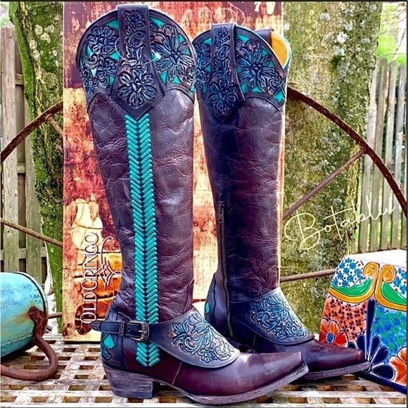 OLD GRINGO Aster Tooling 18” Tooled Brown Leather Tall Knee High Cowgirl Western Boots - Botablu