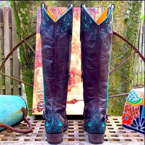 OLD GRINGO Aster Tooling 18” Tooled Brown Leather Tall Knee High Cowgirl Western Boots - Botablu