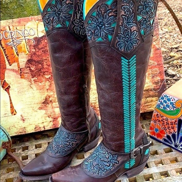 OLD GRINGO Aster Tooling 18” Tooled Brown Leather Tall Knee High Cowgirl Western Boots - Botablu