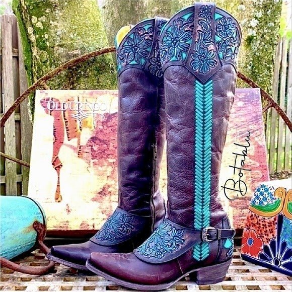 OLD GRINGO Aster Tooling 18” Tooled Brown Leather Tall Knee High Cowgirl Western Boots - Botablu