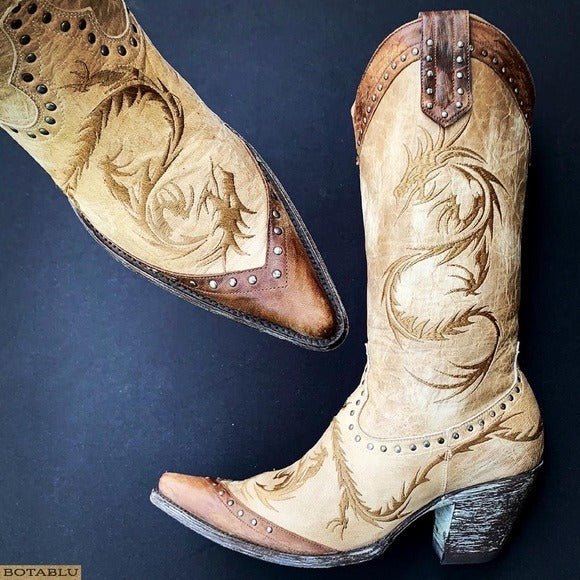 OLD GRINGO Dragon Embroidered Tan Brown Tall Cowgirl Cowboy Western Boots - Botablu