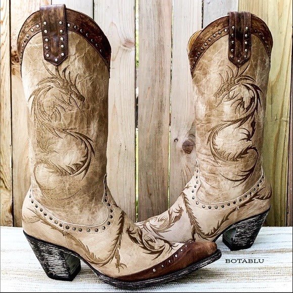 OLD GRINGO Dragon Embroidered Tan Brown Tall Cowgirl Cowboy Western Boots - Botablu