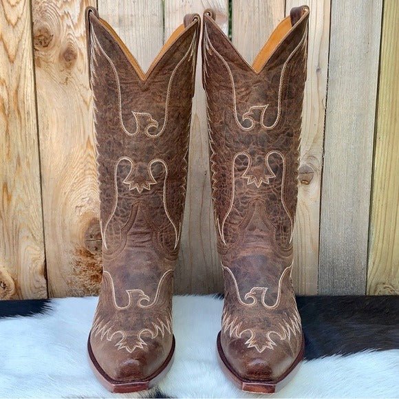 OLD GRINGO Eagle Stitched Brown Leather Mid Calf Snip Toe Cowboy Western Boots - Botablu