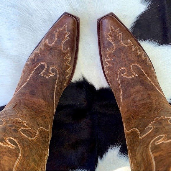 OLD GRINGO Eagle Stitched Brown Leather Mid Calf Snip Toe Cowboy Western Boots - Botablu