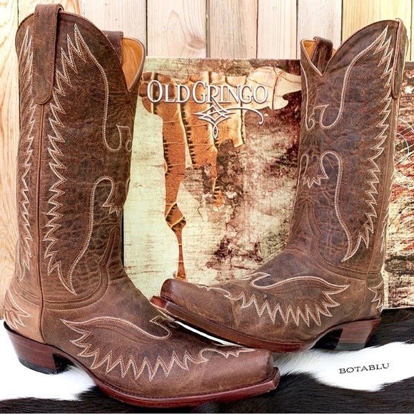 OLD GRINGO Eagle Stitched Brown Leather Mid Calf Snip Toe Cowboy Western Boots - Botablu