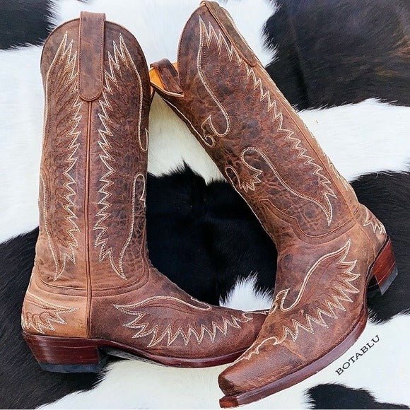 OLD GRINGO Eagle Stitched Brown Leather Mid Calf Snip Toe Cowboy Western Boots - Botablu