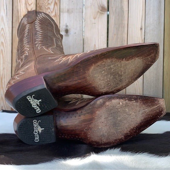 OLD GRINGO Eagle Stitched Brown Leather Mid Calf Snip Toe Cowboy Western Boots - Botablu