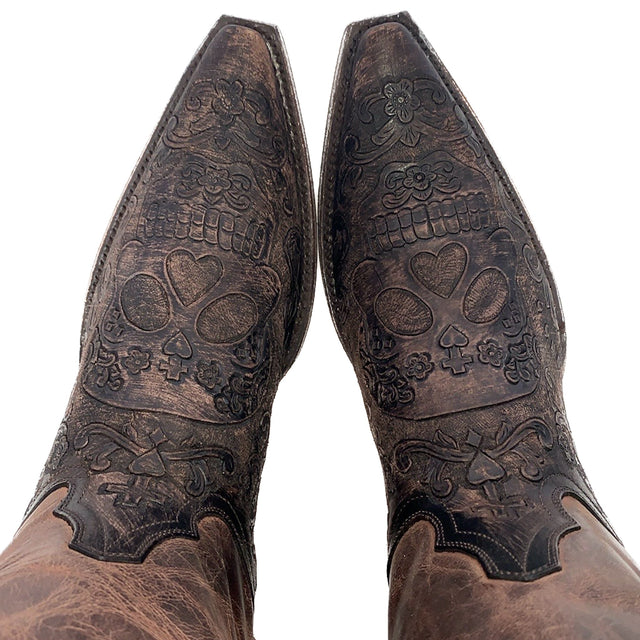 OLD GRINGO Klak Skull Tooled Brown Leather Cowboy Western Boots - Botablu