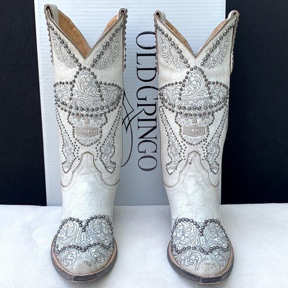 OLD GRINGO L&L White Skull Studded Sombrero Pistol Gun Cowgirl Western Boots - Botablu